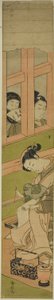 Courtesan Writing a Letter as Two Men Watch through a Window Lattice