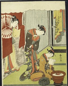 Figures in an Interior, a Courtesan Looking at Her Shinzo Who is Reading a Love Letter by Suzuki Harunobu