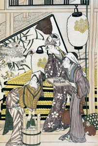 Servants toiling in home, ukiyo-e art print, Japanese civilization, Edo period by Suzuki Harunobu