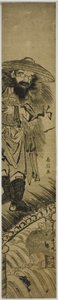 Shoki (Chinese: Zhong Kui), the demon queller, standing on a bridge by Suzuki Harunobu