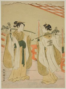 Shrine Maidens Onami and Ohatsu Dancing at Yushima Tenjin Shrine by Suzuki Harunobu