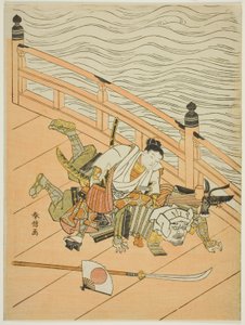 Ushiwakamaru and Benkei Fighting on Gojo Bridge