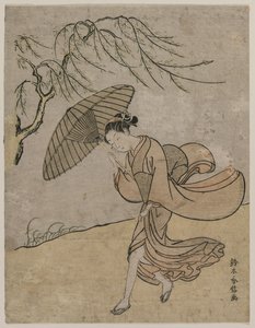 Woman Running Past a Willow Tree in a Breeze by Suzuki Harunobu