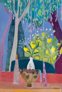 Still Life with Bowl and Three Vases with a Backdrop of Trees