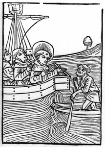 The Legend of Saint Brendan: Confreres Meet a Dwarf at the End of the World. Engraving of Die Wunderbare Meerfahrt des Hl. Brandan