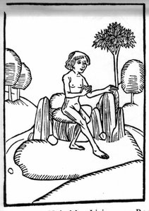The legend of Saint Brendan, hero and Irish saint of the 6th century. Meeting with a holy hermit living on a rock in the open sea. Engraving of 