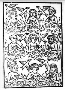 The legend of Saint Brendan (Brandan), hero and Irish saint of the 6th century: The fires of Purgatory and the firebirds. Engraving of 