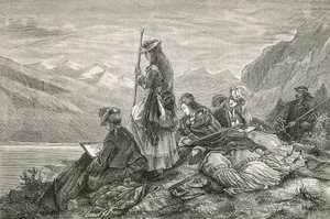 Tourists resting on the Alps by Swiss School