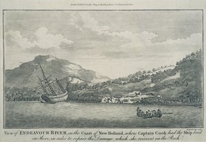 Captain Cook having the Endeavour repaired in a harbour on one of the Hope Islands - Engraving