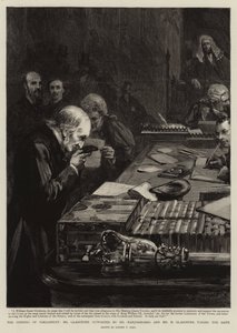 The Opening of Parliament, Mr Gladstone, supported by Mr Marjoribanks and Mr H Gladstone, taking the Oath