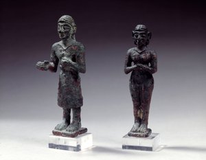 Statuettes of Worshipers and Goddess in Bronze by Syrian Syrian