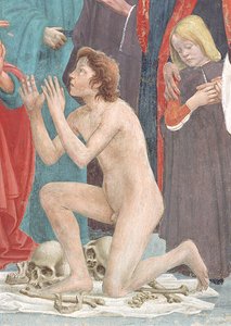 Detail of the resurrected child, from the Raising of the Son of Theophilus, and St. Peter Enthroned as First Bishop of Antioch, c.1427 and c.1484-85 (detail)