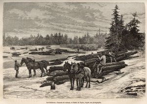 The descent of the rafts in Ontario, the loggers unload the cut trunks and install them on the frosty river, then during the thaw, the trunks will be carried by the current to the place where they will be discharged and transformed, engraving after a draw