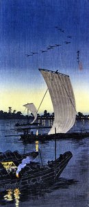 Evening boats at Sekiyado by Takahashi  Hiroaki