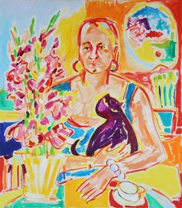 Self Portrait with a Violet Cat after Max Beckmann by Tamara Jare