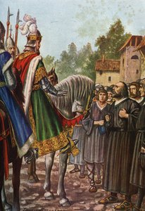 Emperor Frederic I Barbarossa (1122-1190) on his second trip to Italy in 1158 passes the river Adda and meets the people of Lodi who beg him to get their territory back (Illustration by Tancredi Scarpelli from Storia d