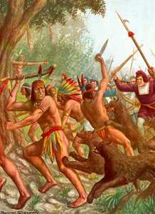 Indians Being Chased by Dogs Used by the Spanish in Battle