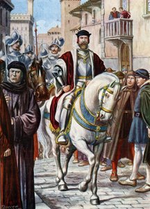 Portrait of Cosimo I of Tuscany (Cosimo de Medici) (1519-1574), circulating through the streets of Florence, surrounded by members of his militia composed of Spanish and German soldiers by Tancredi Scarpelli