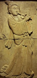 Terracotta stele with musician, Tang Dynasty (618-907), discovered in Shaanxi Province, Steles Forest Museum in Xian. Photography, Leonard de Selva, China, 2006 by Tang Dynasty Chinese School