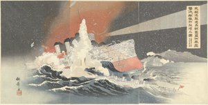 Our Torpedo Boats Hayatori and Asagiri Destroy Enemy Ships During a Snowstorm in Port Arthur by Taniguchi Kokyo