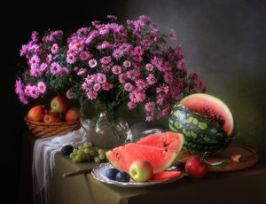 Aster Flowers and Fruit by Tatyana Skorokhod
