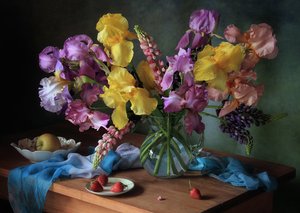 Fresh Irises and Fruit