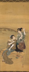 Two Beautiful Women Pause at a Tea Shop Overlooking Azuma Bridge by Teisai Hokuba