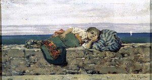 Peasant Girl Lying on a Parapet by Telemaco Signorini