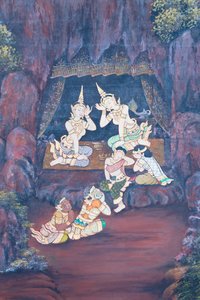 Mural depicting scenes from the Ramayana at Wat Phra Kaeo, the Royal Grand Palace, Bangkok, Thailand by Thai School