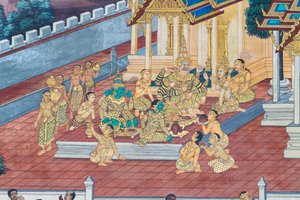 Mural depicting scenes from the Ramayana at Wat Phra Kaeo, the Royal Grand Palace, Bangkok, Thailand by Thai School