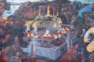 Mural depicting scenes from the Ramayana at Wat Phra Kaeo, the Royal Grand Palace, Bangkok, Thailand
