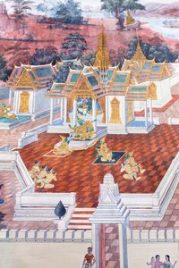Mural depicting scenes from the Ramayana at Wat Phra Kaeo, the Royal Grand Palace, Bangkok, Thailand