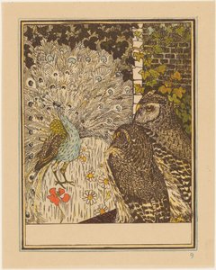 Peacock Displaying and Two Owls by Theo van Hoytema