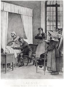 Rene Theophile Hyacinthe Laennec listening to the chest of a man with consumption by Theobald Chartran