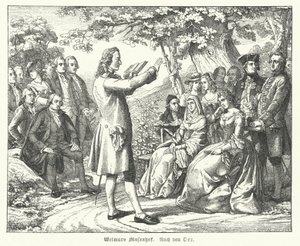 The Weimar Court of the Muses: German poet and playwright Friedrich Schiller reading at Schloss Tiefurt, with Christoph Martin Wieland, Johann Wolfgang Goethe and Johann Gottfried Herder among those listening by Theobald Reinhold von Oer