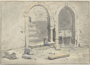 Fountain Against a City Wall with a Staircase Built In