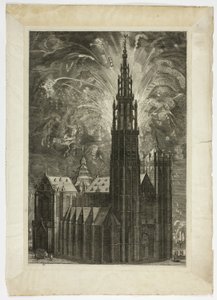 Firework around the Antwerp Cathedral, plate 41 from Casperius Gevartius, Pompa Introitus Honori Serenissimi Principis Ferdinandi by Theodoor van Thulden