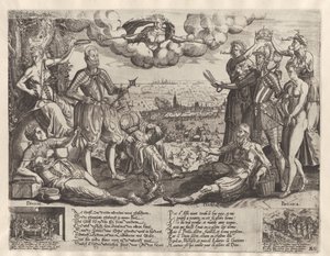 Comparison between Orange and Alva, with the Spanish Fury in the background, ca. 1577 by Theodor de Bry (attributed to)