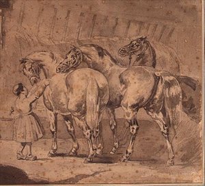 Little girl feeding horses in a stable by Theodore (attr. to) Gericault