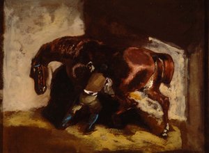 Man Grooming a Horse
