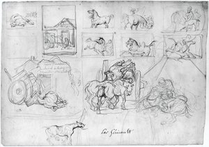 Study of Horses (recto); A Wagon Followed by a Sign Bearer (verso) by Theodore Gericault