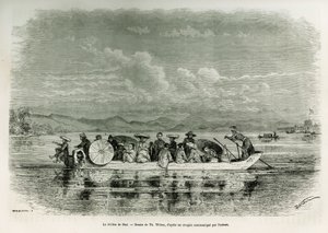A boat on the river of Hue (Vietnam) (drawing by Th. Weber, to illustrate the story of eight days of embassy in Hue (Kingdom of Annam), 1875, by Mr. Brossard de Corbigny, lieutenant (N), attached to the mission. Engraving in 