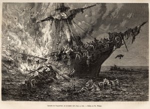 The fire of the Cospatrick, a British ship carrying more than 400 emigrants to New Zealand, on 19 November 1874, engraved after a drawing by T. Weber, illustrating the study of storms and voyages, by Mr. Zurcher and Mr. Margolle, in 1870-1874, published in