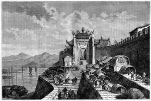 View of the Shanghai Gate on the Huangpu River, China in the Years 1870-1880. Engraving after a Drawing by Weber, in Le Tour du Monde, Nouveau Journal des Voyages, Edited by Edouard Charton, Paris