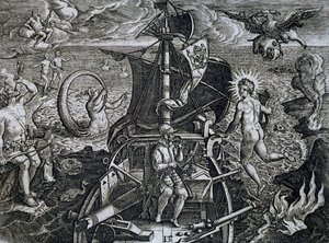 Allegory of voyages of Ferdinand Magellan, engraving by Theodore de Bry
