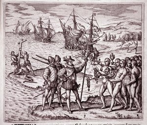 Arrival of Christopher Columbus on the island of Hispaniola in the West Indies (Engraving) by Theodore de Bry