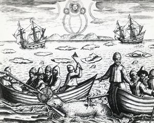 Aurora borealis and white bear hunting during third expedition led by William Barents in search of Northeast Passage in 1596, engraving