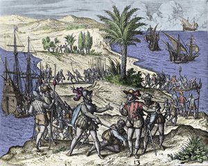 Christopher Columbus and his brother were arrested by Francisco de Bobadilla in 1500. Engraving by Théodore de Bry (1528-1598) by Theodore de Bry