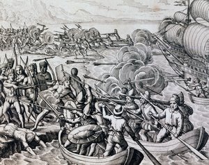 Clash between Native Indians and Spanish Troops, Engraving from Historia Americae, by Theodor de Bry, Frankfurt