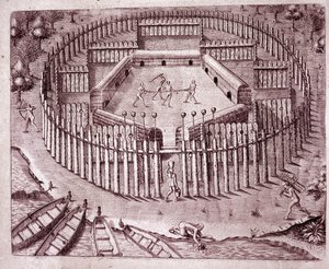 Defense System of the Indian Huts by a Double Row of Tree Trunks Planted Around. The Severed Heads of Enemies Are Placed at the Top